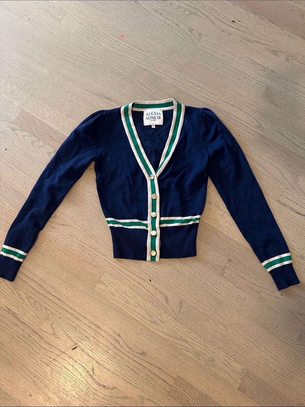 Alexia Admor Navy Cardigan with Cream and Green Trim